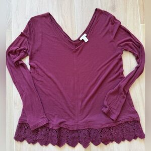 Hinge Maroon Long Sleeve Top with Lace Trim